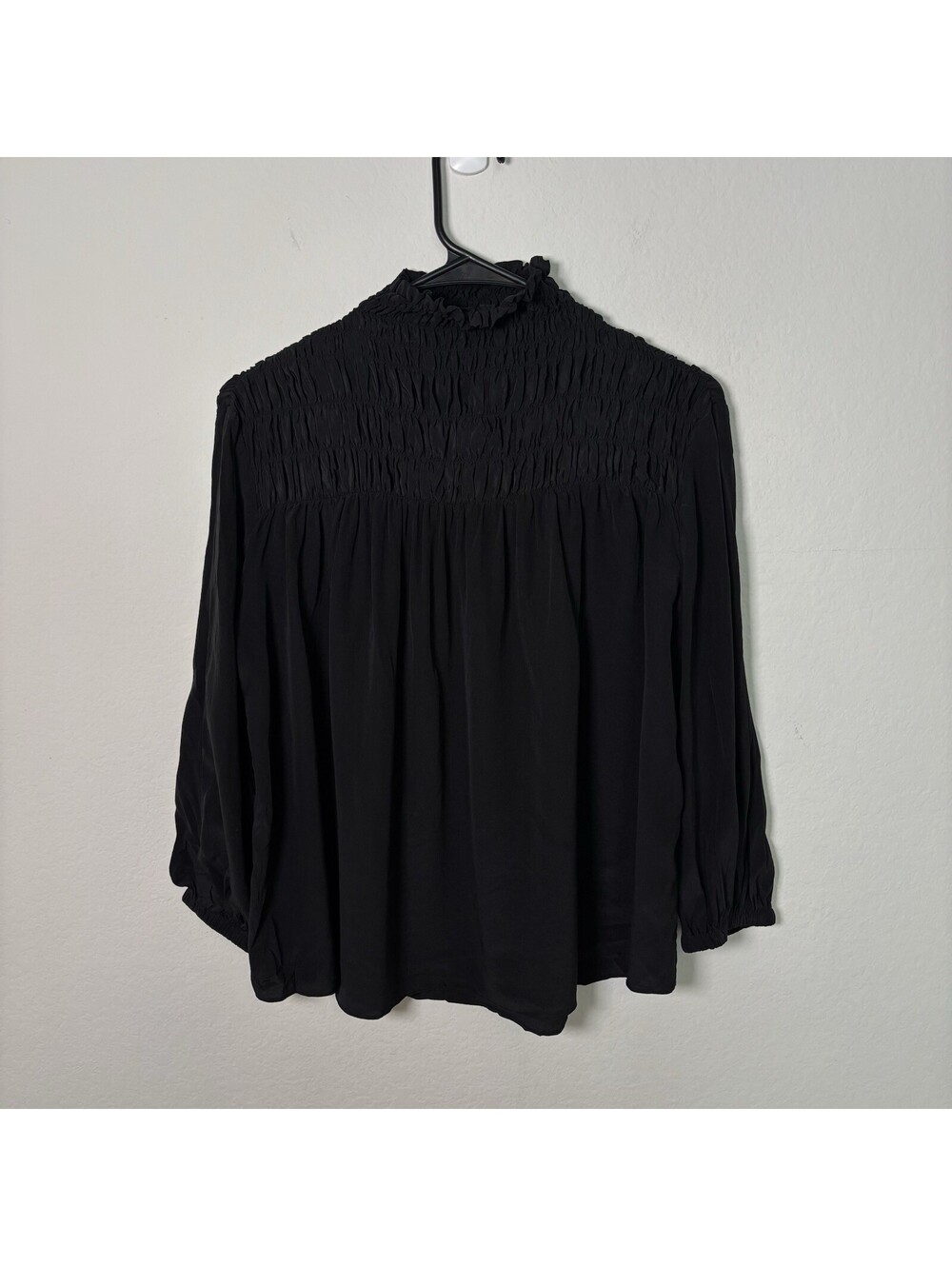 Frame 100% Silk Black Smocked High Neck Long Sleeve Blouse Size XS Quiet Luxury